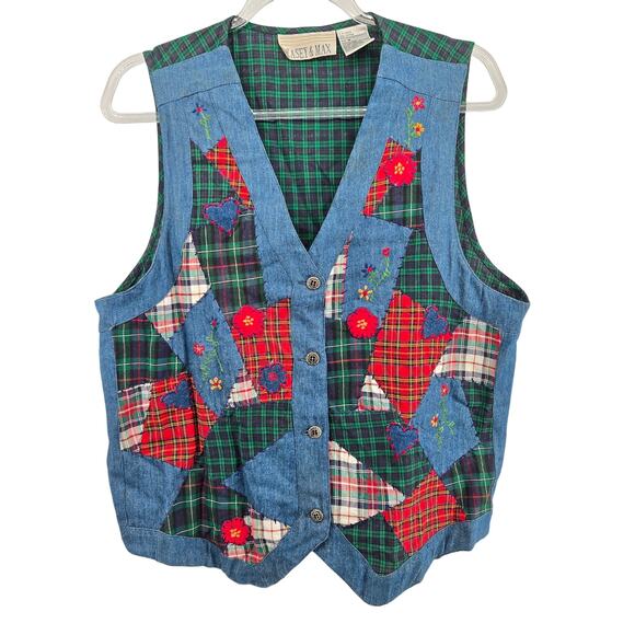Casey & Max Jackets & Blazers - Vintage Floral Plaid Patchwork Button Denim Vest Size MD Grandma Cabin Holiday